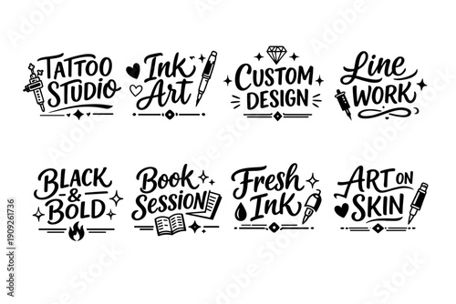 Tattoo studio signage collection featuring ink art and custom designs