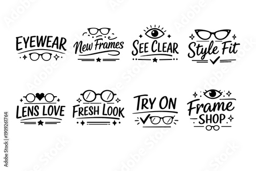 Eyewear icons: new frames, style fit, lens love, fresh look, frame shop