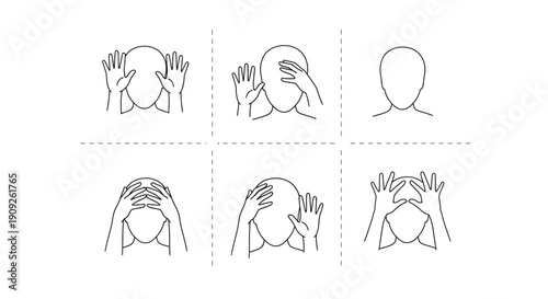 Human Head Silhouette with Hands Covering Face - Multiple Poses