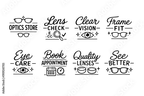 Optics store icons: lens check, clear vision, frame fit, eye care, book appointment, quality lenses