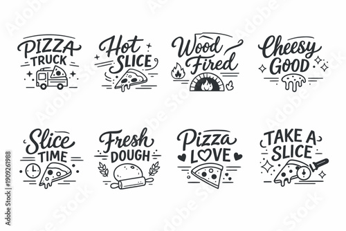 Hand-drawn pizza graphics: truck, slice, wood fired, cheesy good, fresh dough