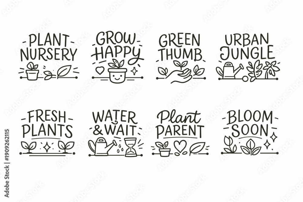 Obraz premium Hand-drawn gardening quotes and icons for plant lovers
