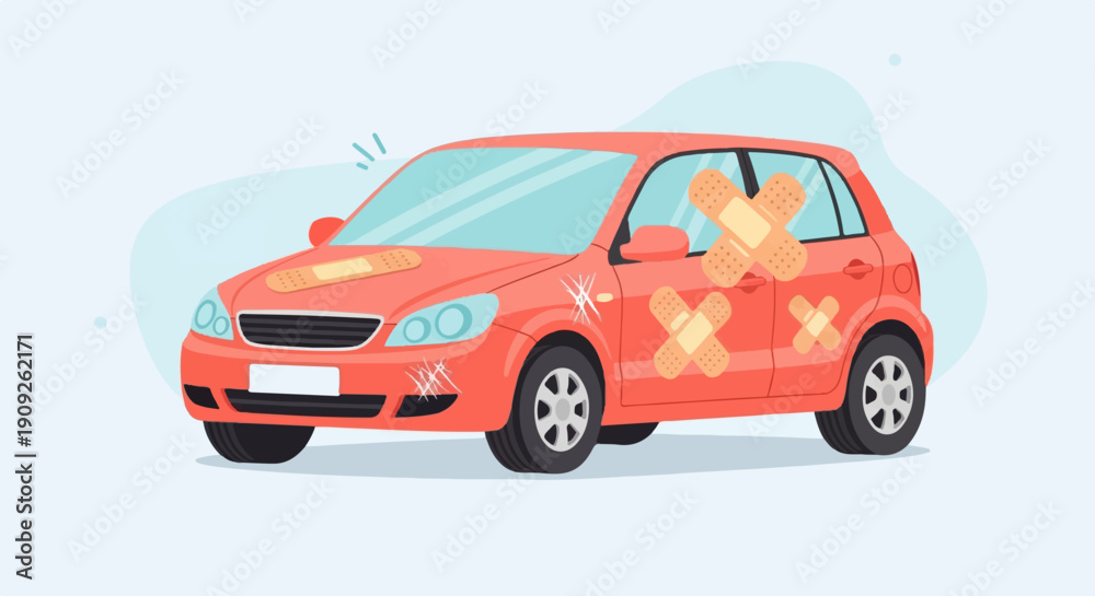 Fototapeta premium A red car with several bandages and scratches, suggesting damage and repair