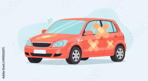 A red car with several bandages and scratches, suggesting damage and repair