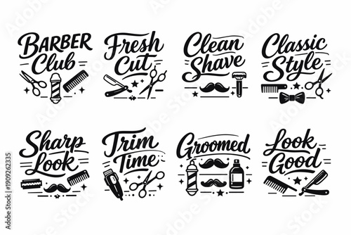 Barber shop icons: fresh cut, clean shave, classic style, groomed look