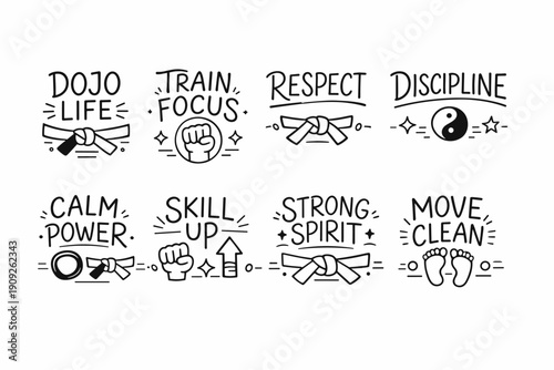 Inspirational martial arts icons and quotes emphasizing respect, discipline, and skill