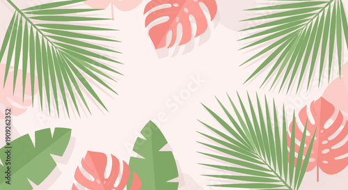 A light pink background with green palm fronds and coral-colored monstera leaves