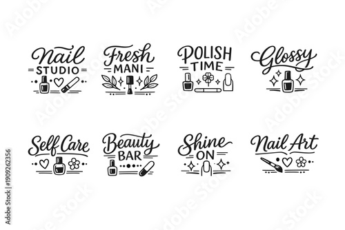 Nail art and care illustrations with manicure icons and text