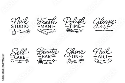 Elegant nail salon emblems featuring manicure and self-care icons