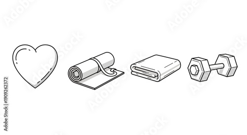 Fitness Icons: Heart, Yoga Mat, Towel, Dumbbell - Healthy Lifestyle Concept