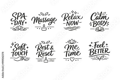 Relaxing wellness phrases: spa day, massage, relax now, calm body, soft touch, rest and reset, me time, feel better