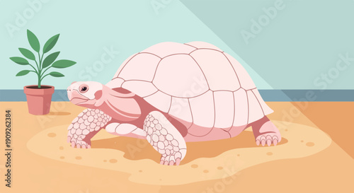 A light pink tortoise walks on a sandy floor with a potted plant nearby