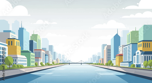 A panoramic view of a city skyline bisected by a tranquil river