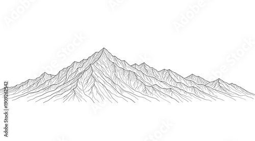 A black and white drawing of a mountain range