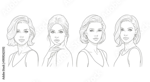 Four Diverse Women's Hairstyle Portraits, Black and White Line Art