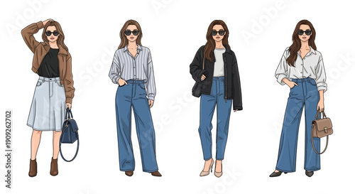 Four stylish women in fashionable outfits, casual and chic street style