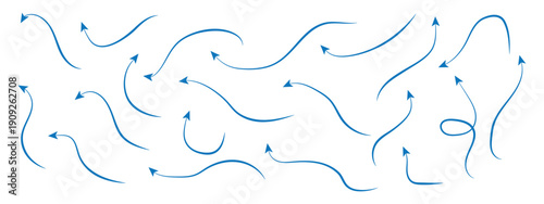 Squiggly arrows doodle set. Curve and Spiral comic symbols in sketch style. Hand drawn vector illustration isolated on white background