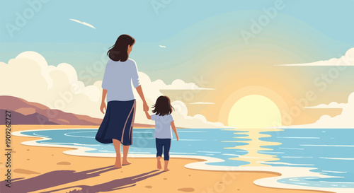A parent and child stroll along a tranquil beach at sunrise