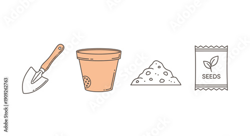 Gardening Tools, Pot, Soil, and Seeds: Ready for Planting