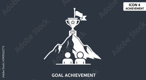 Goal Achievement Icon: Trophy on Mountain Peak with Two People Celebrating Success