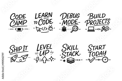 Inspirational coding and development phrases in hand-drawn style