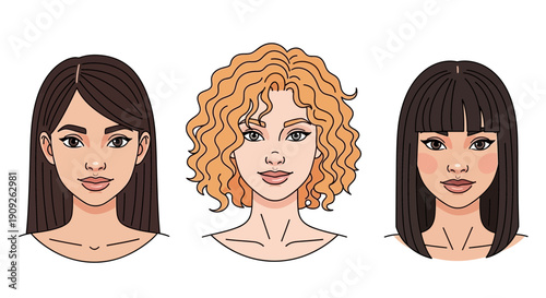 Diverse Women Hairstyles: Straight, Curly, Bangs - Front View Portraits