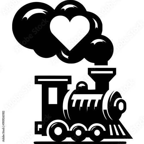 Love on Rails: A whimsical illustration showcases a classic steam engine, its smokestack emitting a heart-shaped puff, symbolizing love and journey. This graphic resonates with themes of affection.