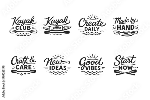 Inspiring kayak and handcrafted adventure quotes in monochrome design