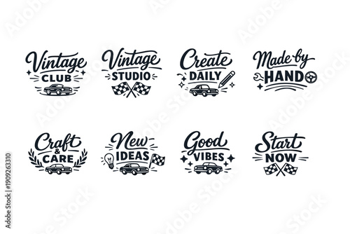 Retro-themed logos featuring vintage cars and motivational phrases