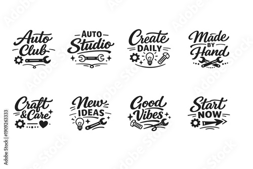 Creative logos with tools and inspirational phrases in black and white