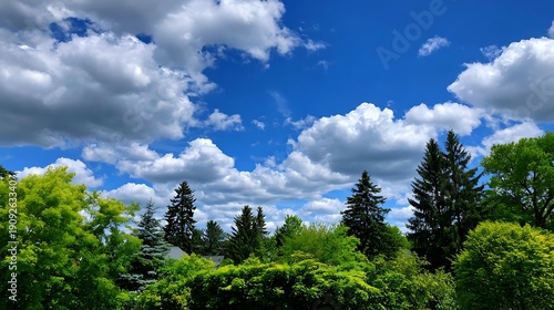 Bright Blue Sky with Clouds and Greenery / 青空と白い雲と木々の緑