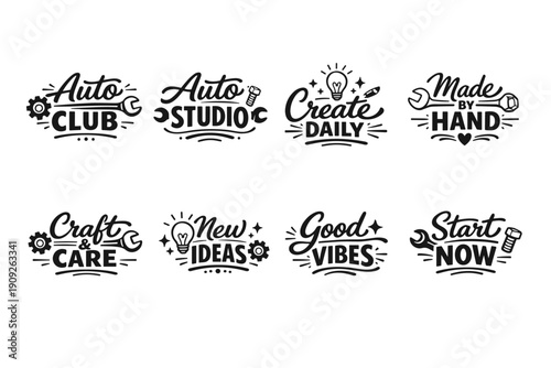 Collection of vintage-style inspirational and auto-themed logos and slogans