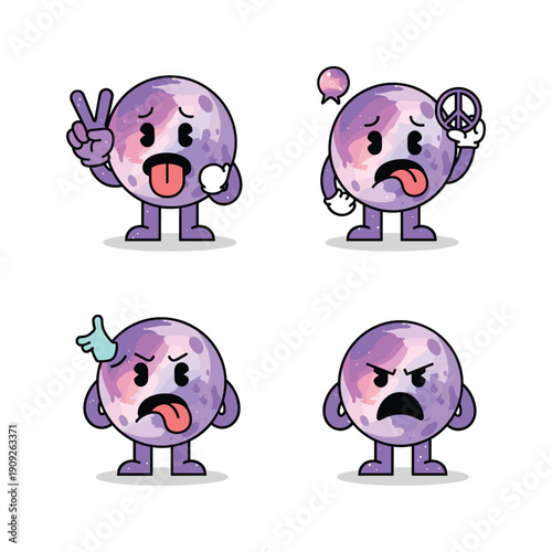 Cartoon planet character showing different emotions and gestures with copy space