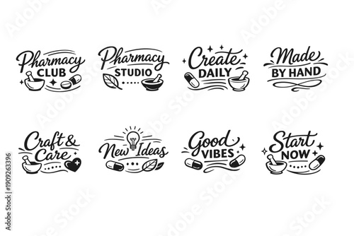 Pharmacy and creativity: inspirational quotes with icons for lifestyle and wellness