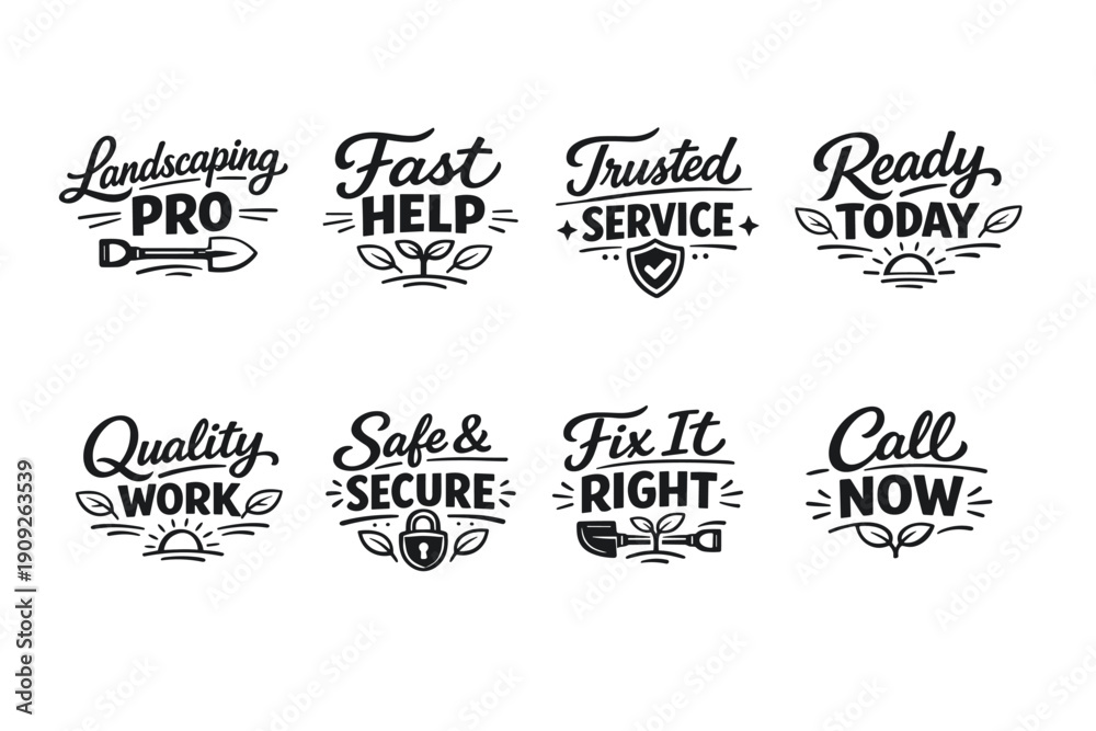 Obraz premium Landscaping and repair service badges collection with tools and slogans