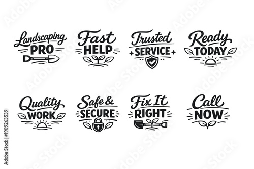 Landscaping and repair service badges collection with tools and slogans