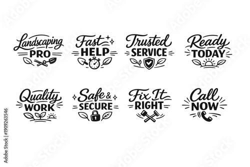 Professional landscaping and repair services icons with tools and symbols