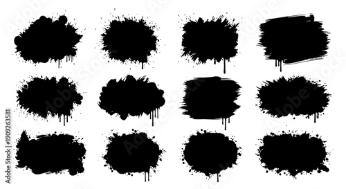 Black paint splatters and smudges on white background for design and artistic use