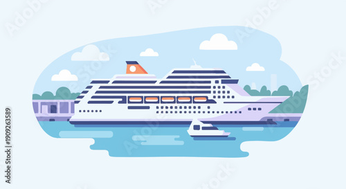 A large white cruise ship docks beside a smaller boat