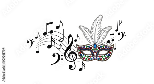 Colorful mardi gras mask with feathers and musical notes illustration