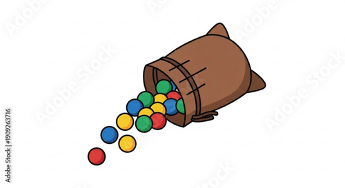 Brown bucket spills colorful balls on white background