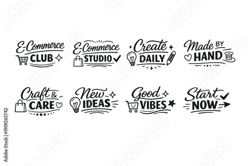 E-commerce studio and craft design icons: create, care, innovate