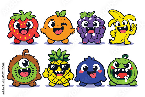 A colorful illustration of cartoon fruits with smiling faces and expressive eyes.