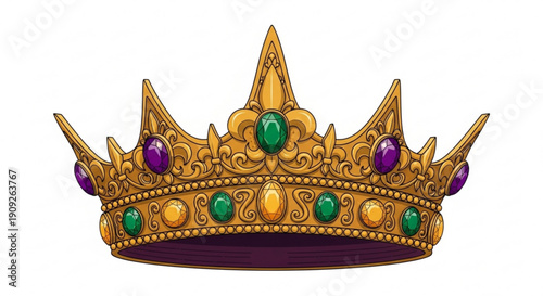 Golden crown with purple and green jewels on white background royal symbol