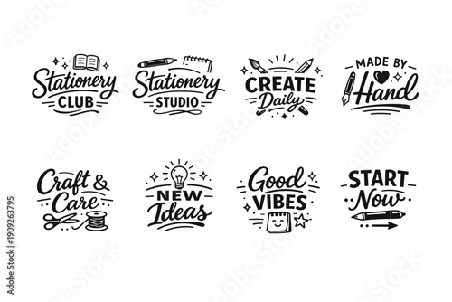 Creative stationery and crafting designs with inspirational phrases and tools