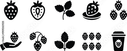 Silhouette illustration of strawberry icons including fruit, plant leaves, grouped berries, hand holding strawberry, beverage cup, and decorative designs for food, nature, and branding