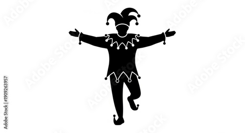 Jester in black silhouette with white trim dancing happily
