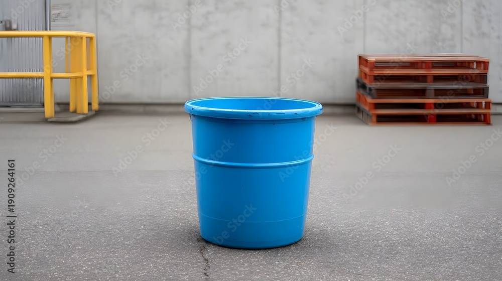 Naklejka premium A bright blue plastic barrel stands empty on an asphalt ground in an industrial outdoor setting