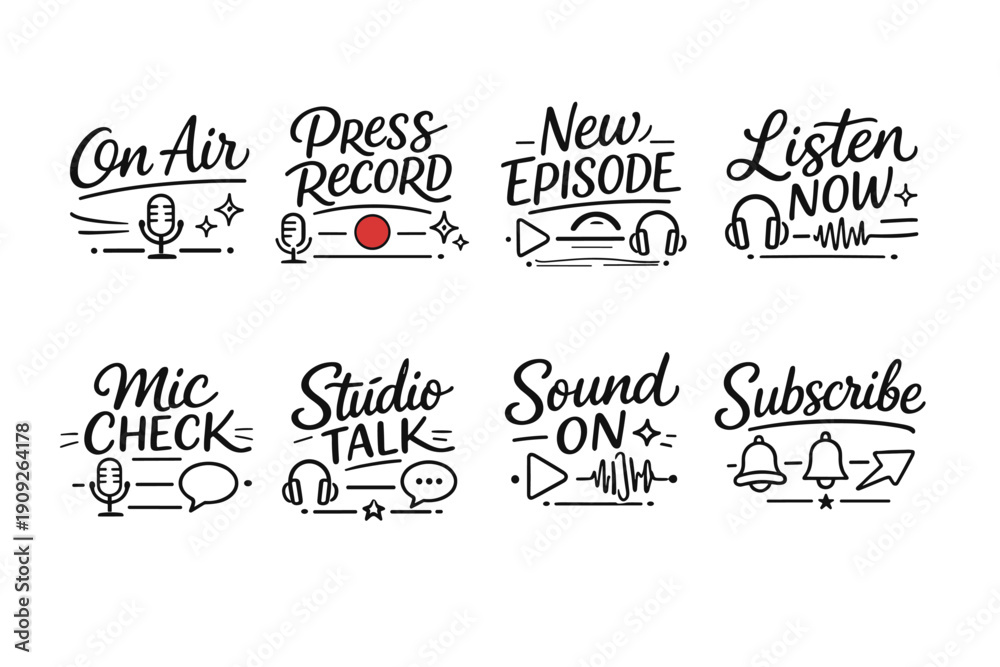 Fototapeta premium Podcast icon set featuring recording elements and headphones