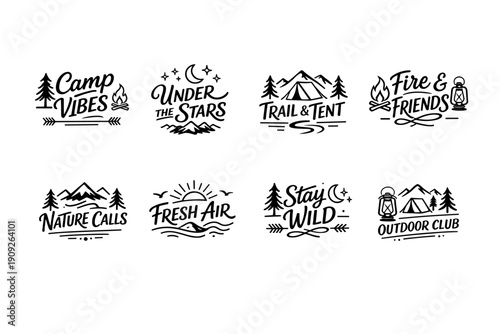 Outdoor adventure badges with camping-themed designs in black and white